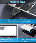 Instructional image showing steps to use Dual Frequency RFID Reader In A Built Tough Metal Case Delivers Long Range 125KHz And 13.56MHz Read Capabilities For EM4100 MIFARE S50 And S70 Cards ISO 14443 A And B Tags And Other 14443 A Protocol Labels with a laptop.