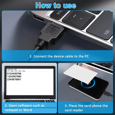 Instructional image showing steps to use Dual Frequency RFID Reader In A Built Tough Metal Case Delivers Long Range 125KHz And 13.56MHz Read Capabilities For EM4100 MIFARE S50 And S70 Cards ISO 14443 A And B Tags And Other 14443 A Protocol Labels with a laptop.