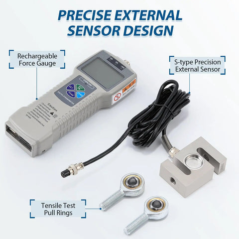 Digital Force Gauge With External Sensor, 5000N Capacity, Heavy Duty Tension And Compression Tester For Destructive Testing, High Precision Sensor For Flexible Measurements with S-type sensor and pull rings