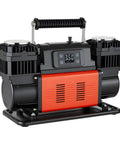 Heavy Duty Dual Cylinder Air Compressor Packed With 10.6 Cfm Quick Fill And Auto Shutoff making it portable with a handle and LCD screen.