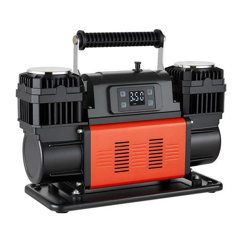 Heavy Duty Dual Cylinder Air Compressor Packed With 10.6 Cfm Quick Fill And Auto Shutoff making it portable with a handle and LCD screen.