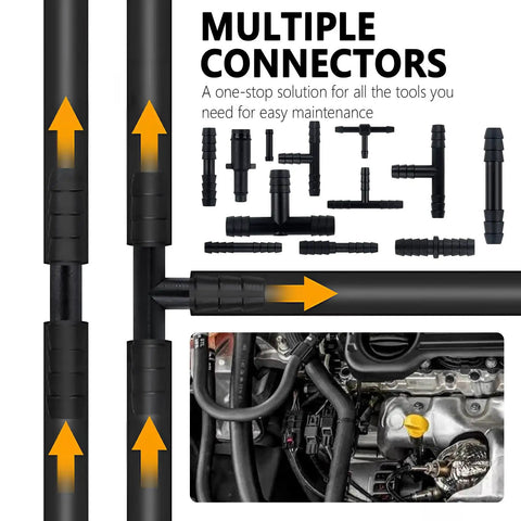 Image showing Six Piece 4.9 Ft Vacuum Hose Kit For Automotive Air And Water Lines With 64 Connectors And One Tube Cutter Universal Silicone Tubing ID One Eighth Inch To Three Eighths Inch For Engine Vacuum And AC System Applications focusing on connectors and hoses.