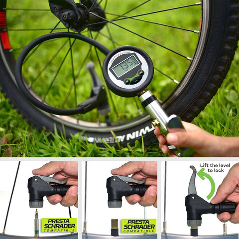 Digital Bicycle Tire Inflator Gauge With Auto Select Valve Head For Presta And Schrader Universal Bike And Car Air Compressor Tool Accurate 0 To 200 PSI Readout With Auto On Off No Adapter Needed used on bike tire