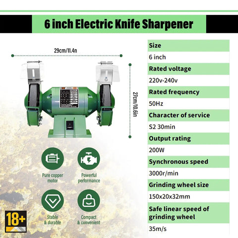 6 inch Electric Knife Sharpener with dual wheels and eye shields for safe sharpening of knives and tools.