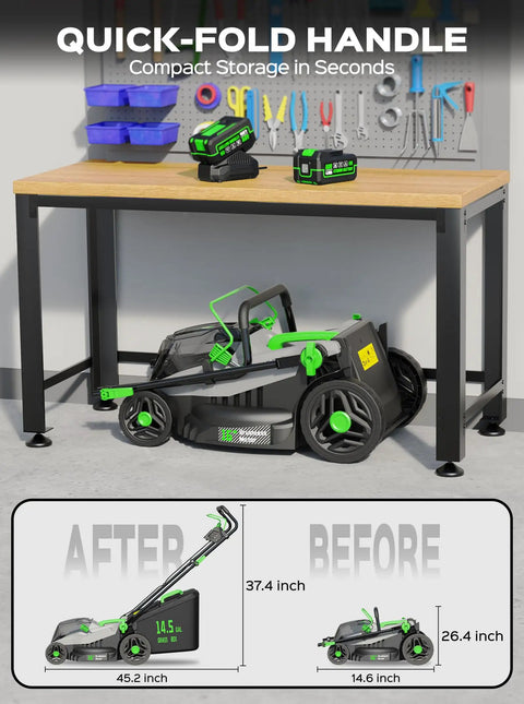 40V Cordless Lawn Mower With 16 Inch Deck And 4.0Ah Battery, Brushless Motor, Intelligent Cutting System Adapting To Dense Grass, Easy Push, Low Noise Green Finish, folded handle in workshop
