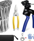 Beefy Pro Grade Heavy Duty Stainless Steel Cable Tie Gun Kit with 200 Pieces of 11.8 Inch Metal Zip Ties, pliers, gloves, and case