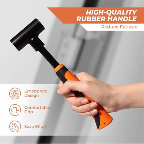 Hand holding Door Hinge Gap Adjusting Tool Kit with Four Interchangeable Wrench Adapters showing rubber grip and steel head.