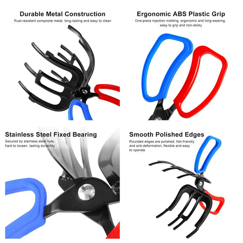 Quad image showing Triple Pack Fish Grippers With 2 to 3 Claw Design Plus Stainless Hook Remover and ergonomic grips.