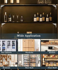 Twelve Piece Heavy Duty Self Adhesive Shelf Brackets Built Tough To Hold A Ton Of Weight With Zero Drilling Required And Easy Install For Kitchen Cabinets And Closets displayed in various applications like kitchen and wardrobe.