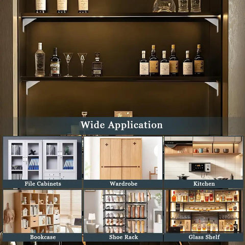 Twelve Piece Heavy Duty Self Adhesive Shelf Brackets Built Tough To Hold A Ton Of Weight With Zero Drilling Required And Easy Install For Kitchen Cabinets And Closets displayed in various applications like kitchen and wardrobe.