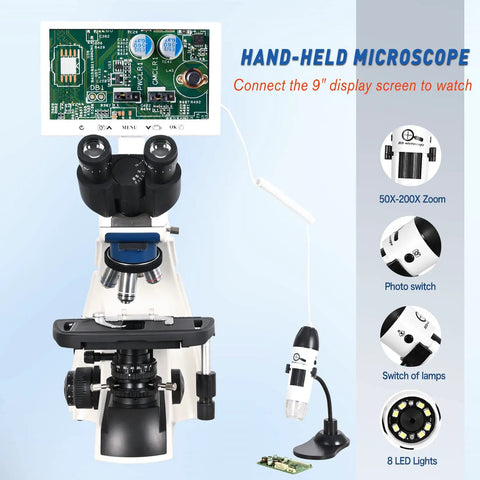 Pro Grade Trinocular Compound Microscope With 9 Inch LCD Display Digital Lab Microscope Kit 400x To 1000x Magnification Biological Microscope With Screen For Students Clinicians And Hobbyists, front view