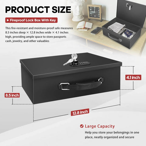 Fireproof Lock Box With Key And Combination Lock for home, office, travel safe, dimensions 12.8 x 8.5 x 4.1 inches.