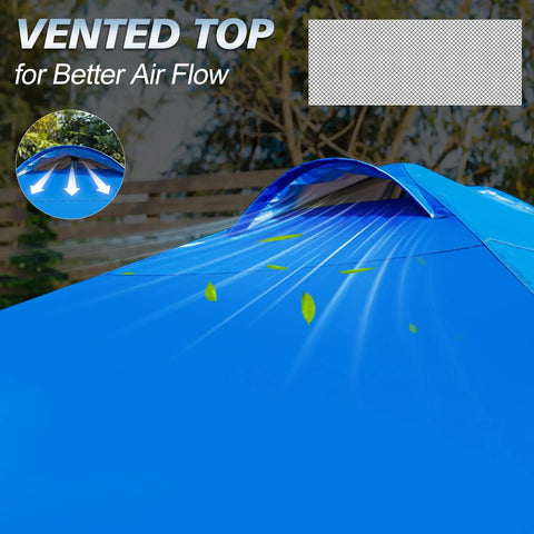10x10 Pop Up Canopy Tent With One Button Push Setup vented top for airflow, blue fabric, outdoor use, adjustable height