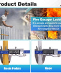 Close-up of 16 Ft Rope Fire Escape Ladder with measurement details showing rope and resin pedals for emergency escape use.