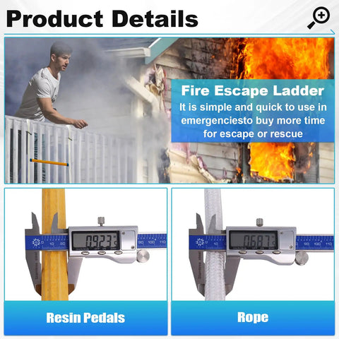 Close-up of 16 Ft Rope Fire Escape Ladder with measurement details showing rope and resin pedals for emergency escape use.
