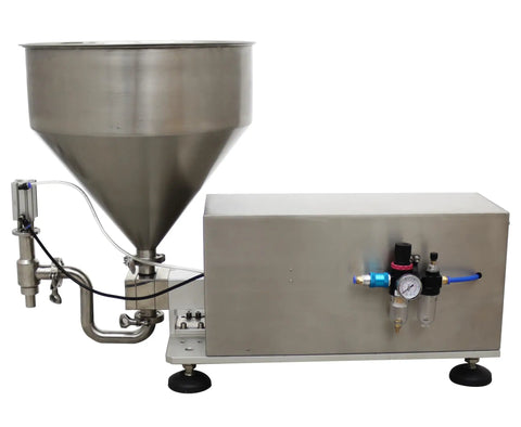 Straight Up Heavy Duty Single Head Liquid and Paste Bottle Filling Machine Built for Zero Sweat Operations With a Rock Solid Pneumatic Gear Pump and 20mm Nozzle for Honey Jam Syrup Drinks, stainless steel construction, 30L hopper.