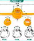 Image of Heavy Duty PVC Pipe Thread Tool Kit With Three Die Set One Half Inch Three Quarter Inch One Inch NPT For PVC Threading, showing die sizes and measurements.