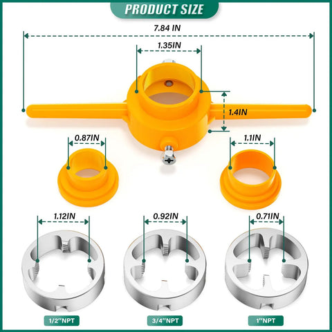 Image of Heavy Duty PVC Pipe Thread Tool Kit With Three Die Set One Half Inch Three Quarter Inch One Inch NPT For PVC Threading, showing die sizes and measurements.
