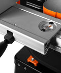 Close-up of measurement gauge and handle on Industrial 14-Inch Band Saw with 1 HP Dual Voltage 120V and 240V and Two Speed