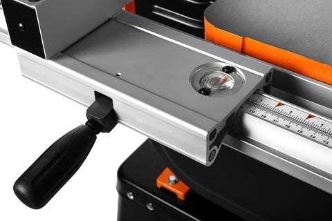 Close-up of measurement gauge and handle on Industrial 14-Inch Band Saw with 1 HP Dual Voltage 120V and 240V and Two Speed