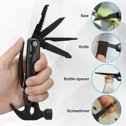 Hand holding 12 In 1 Hammer Multitool For Men EDC Survival Gear Kit with pliers, saw, screwdrivers, and bottle opener.