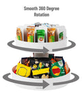 Smooth Rotating Two Tier Snack Carousel Countertop Organizer showing snacks on two levels with smooth 360 degree rotation.