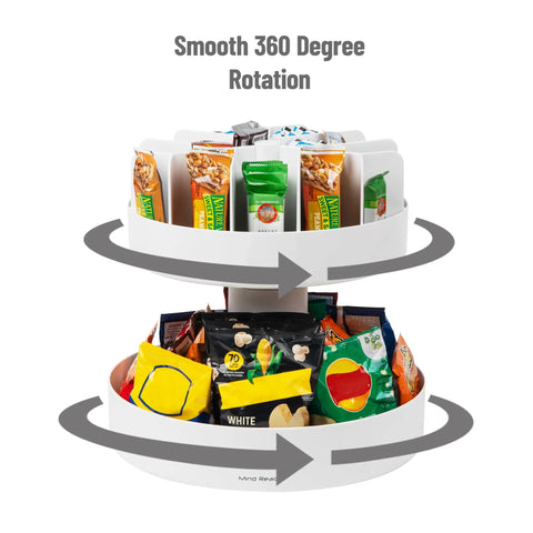 Smooth Rotating Two Tier Snack Carousel Countertop Organizer showing snacks on two levels with smooth 360 degree rotation.