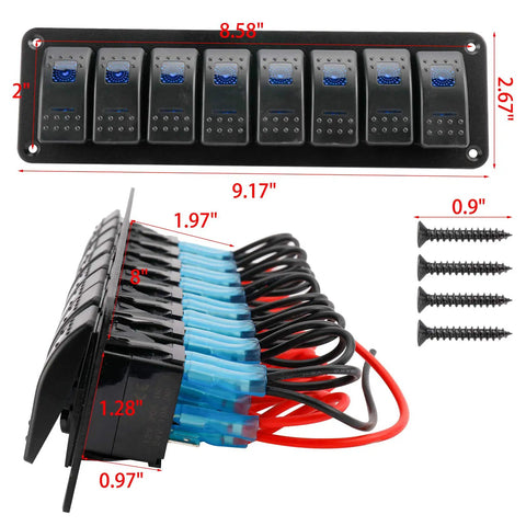 12-24V Beefy Boat Switch Panel Illuminated Aluminum Prewired Dash Panel 2 3 4 5 6 8 Gang Toggle Switches With 5 Pin On Off And 2 LED Backlit IP65 Marine Car Truck Utility image showing dimensions and wiring detail