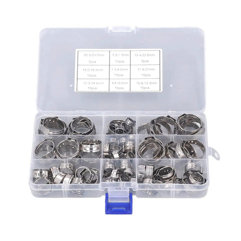 80 Piece Stainless Steel Hose Clamp Kit With Pliers Nine Size Assortment From 5.8 7.0 mm To 20.3 23.5 mm Single Ear Clamps In Storage Box
