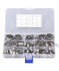 Ultimate 80-Piece Stainless Steel Hose Clip Assortment Kit With Heavy Duty Pliers For Auto And Marine Repair, Rust Proof Single Ear Pipe Clamps In Portable Storage Box For Any Jam. open case with stainless steel hose clips