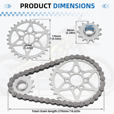 Beefy Drive Sprocket And Chain Kit For Surron Light Bee X And Segway X160 X260 Dirt Bikes showing 420 chain with 30T front, 13T rear gear dimensions.