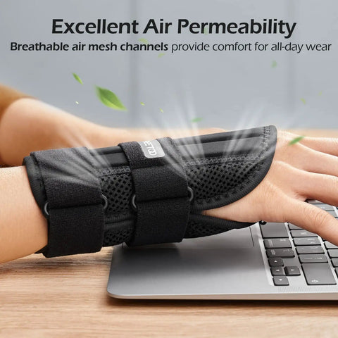 Wrist Brace for Carpal Tunnel Relief Night Support With Maximum Stabilization and Three Stays shown on hand typing on keyboard.