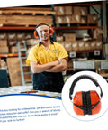 Heavy Duty Hearing Protection Earmuffs Built To Crush Nasty Workshop And Factory Noise Solid Sound Insulation headband in bright orange on a worker.