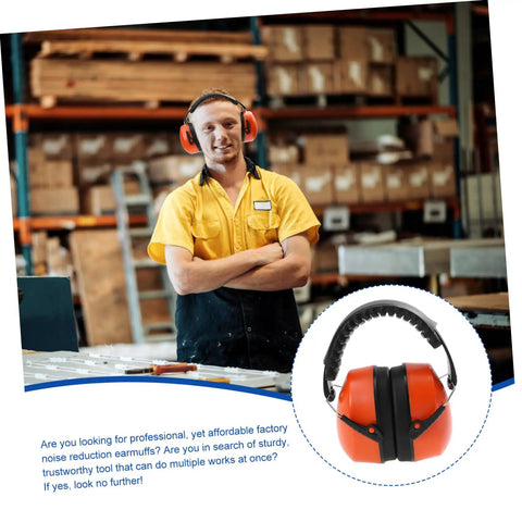 Heavy Duty Hearing Protection Earmuffs Built To Crush Nasty Workshop And Factory Noise Solid Sound Insulation headband in bright orange on a worker.