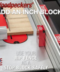 Rugged One Inch Offset Table Saw Fence Stop Featuring Slick Clamp On Design For Rapid Rip Fence Setup And Dead On Repeatable Crosscuts Every Damn Time In Your Workshop showing precise clamps and wood.