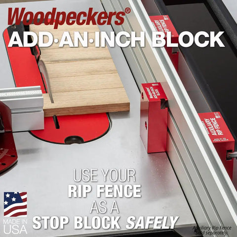 Rugged One Inch Offset Table Saw Fence Stop Featuring Slick Clamp On Design For Rapid Rip Fence Setup And Dead On Repeatable Crosscuts Every Damn Time In Your Workshop showing precise clamps and wood.
