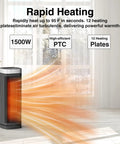 Ceramic Space Heater With Thermostat And Remote, 70 Degree Oscillation, 12 Hour Timer, Five Heating Modes, 1500W PTC Fast Safe Heat shown.
