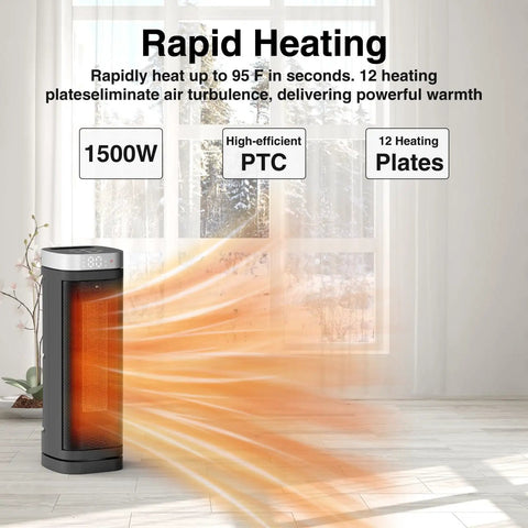 Ceramic Space Heater With Thermostat And Remote, 70 Degree Oscillation, 12 Hour Timer, Five Heating Modes, 1500W PTC Fast Safe Heat shown.