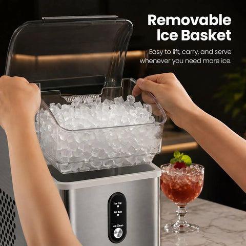 Beast Mode Countertop Nugget Ice Maker Churns Out Thirty Three Pounds Daily With Hassle Free Self Clean And One Click Start for lifting the removable ice basket filled with nugget ice.