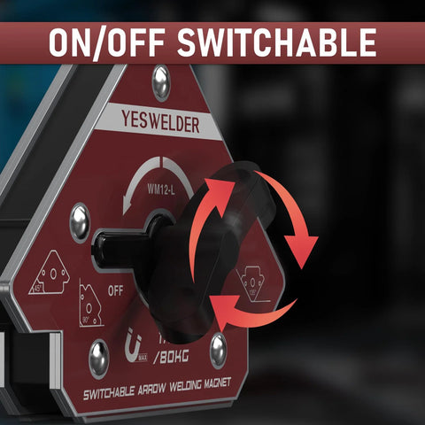 Front view of YESWELDER 176 lb switchable welding magnet with red base and black knob.