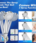 High Pressure Rainfall Shower Head Set With Adjustable Extension Arm And Handheld, 3 spray modes shown in detail.