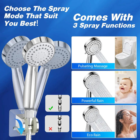 High Pressure Rainfall Shower Head Set With Adjustable Extension Arm And Handheld, 3 spray modes shown in detail.