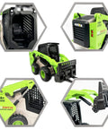 Durable Skid Steer Loader 3 In 1 Diecast Metal Construction Truck With Forklift And Grab Shovel, close-up details, 1:50 scale green toy