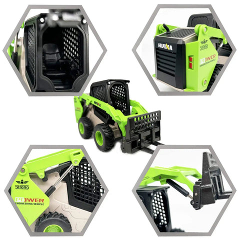 Durable Skid Steer Loader 3 In 1 Diecast Metal Construction Truck With Forklift And Grab Shovel, close-up details, 1:50 scale green toy