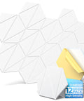 Kickass 12 Pack Hexagon Acoustic Panels For Walls displayed, white foam triangles with adhesive backing, 12"x10"x0.4", soundproof decor.