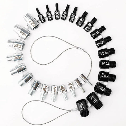 Nut And Bolt Thread Checker Gauge Kit With 28 Thread Gauges For Inch And Metric displayed on a white background.
