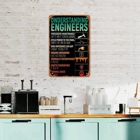 Industrial Metal Sign Poster 12x8 Inch Dope Vintage Wall Decor For Engineers With Funny Engineering Definitions on a kitchen wall