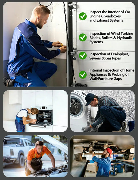 Technicians using Dope Dual Lens Endoscope With Light 1920P HD Borescope in automotive, plumbing, HVAC inspections