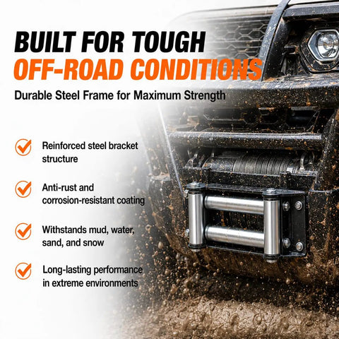 Beefy 4 Roller Winch Fairlead For Ford F-150 Lariat 2016-2026 Off Road Ready Heavy Duty Steel Cable Guide 2,000-12,000 Lb Line Pull UTV/ATV Compatible With Sturdy Bracket And Rollers, mounted on muddy truck front