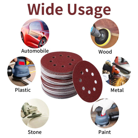 100 Pack Five Inch Eight Hole Sanding Discs Grit From 60 To 2000 for wood, metal, paint, auto body, DIY buffing and polishing.